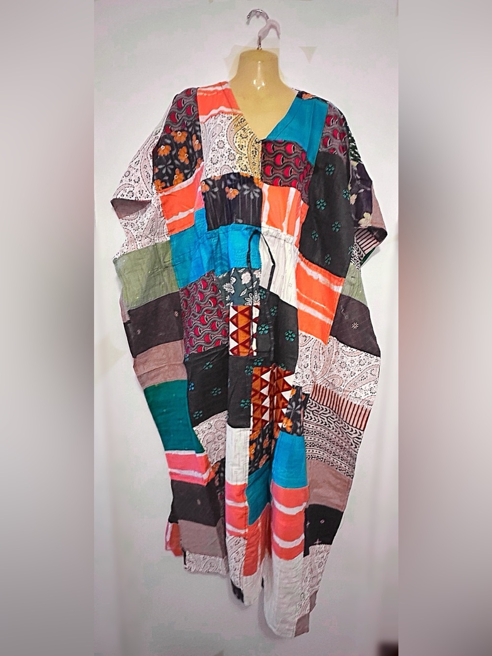 Patchwork Boho Kaftan in Teal, Orange & Black